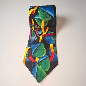 Rush Limbaugh No Boundaries Silk Tie Mens Black Abstract Botanical Gold Chain 4"
